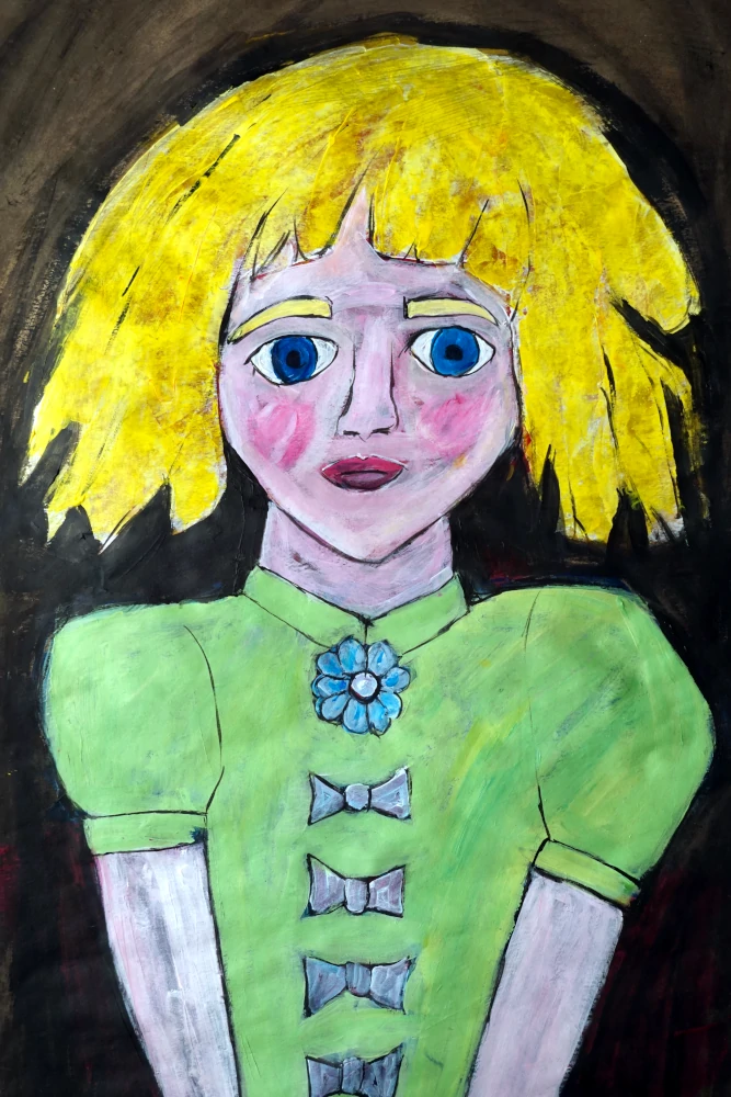 Portrait painting by Chris Dale of young woman in blonde hair and lime green dress.