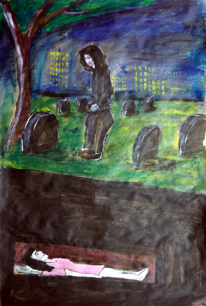 Painting by Chris Dale of a dark hooded figure stands over the graveyard of the one they love.