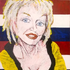 Painting by Chris Dale of Dolly Parton and her big hair.