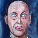 Painting by Chris Dale of John Waters wearing a black leather jacket, white shirt and red tie.