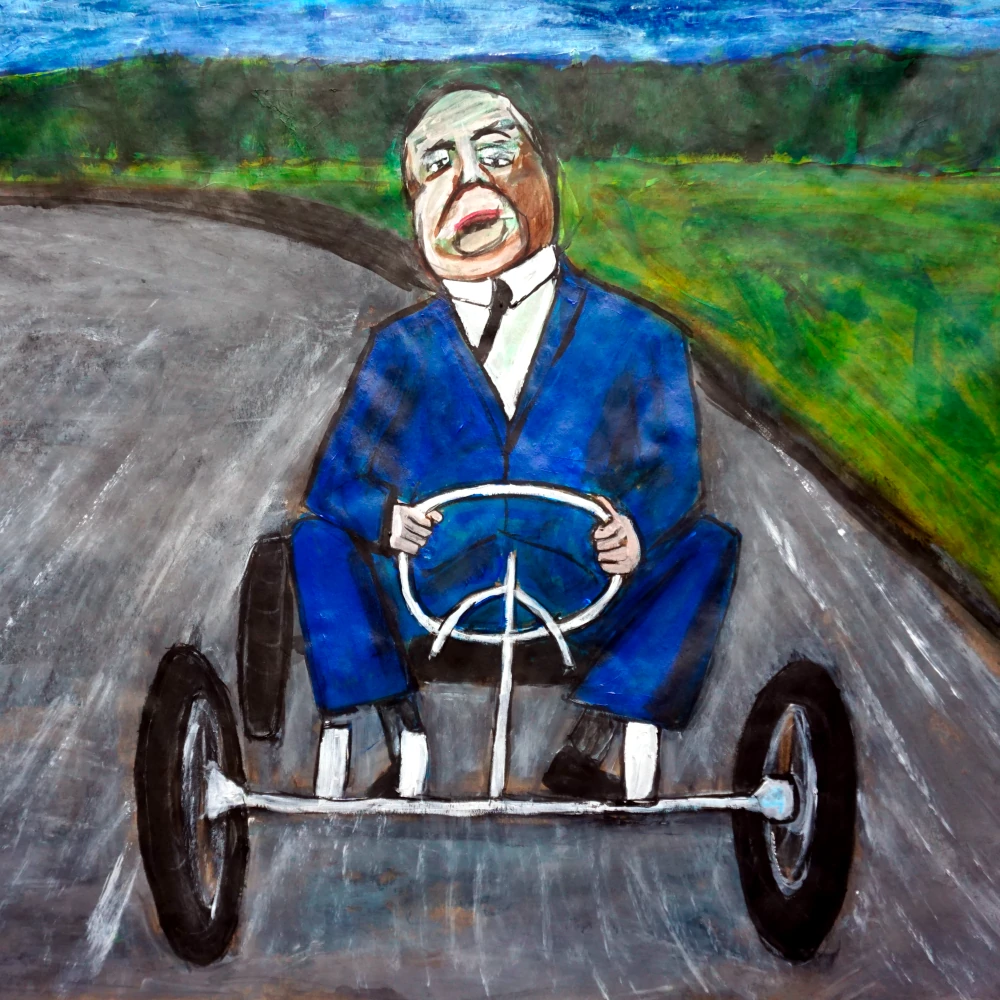 Painting of Alfred Hitchcock driving a go-kart.