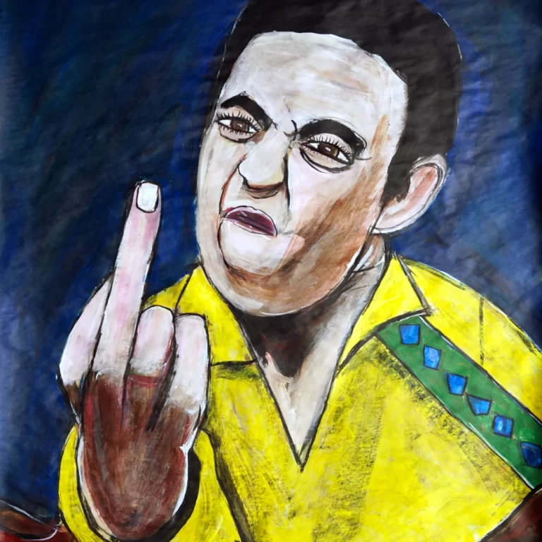 Painting by Chris Dale of Johnny Cash giving the audience the finger.