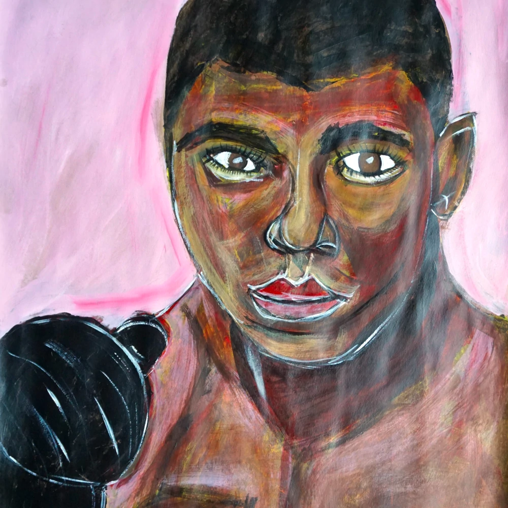 Painting of Muhammad Ali face with gloves up.