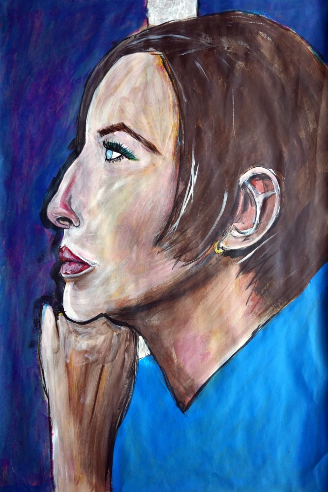 Painting by Chris Dale of Barbra Streisand supporting her chin on her fist.