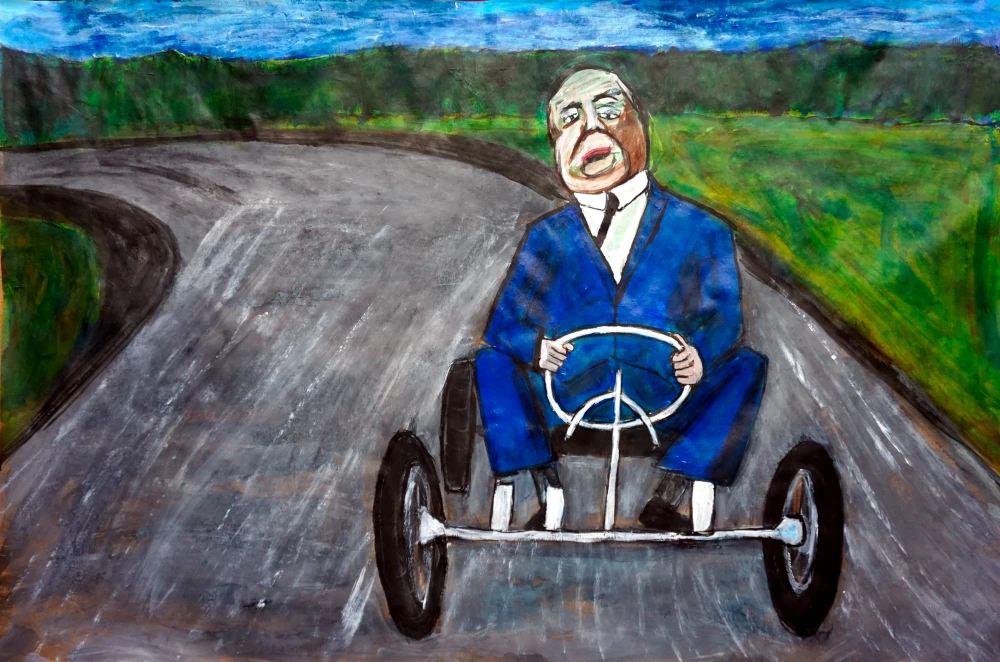 Painting of Alfred Hitchcock driving a go-kart.