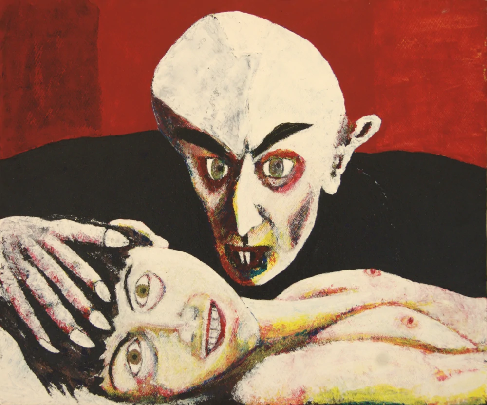 Painting by Chris Dale of the movie Nosferatu of the character Count Orlok over a body wanting to be fed on.
