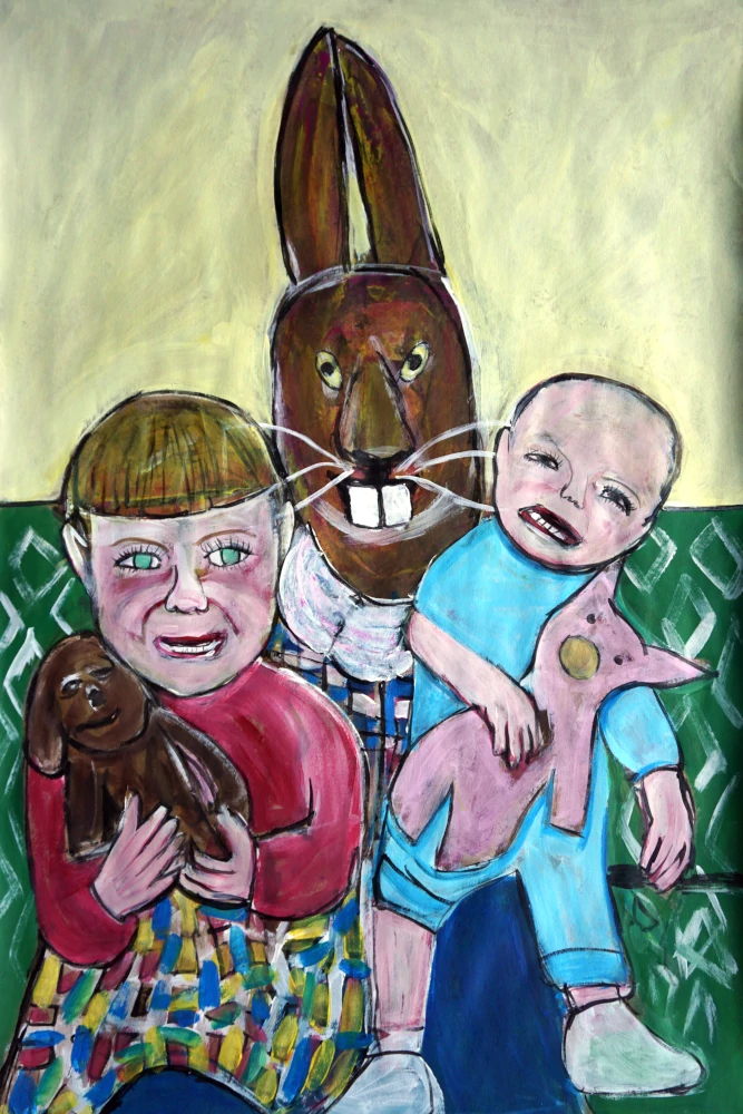 Painting by Chris Dale of two frightened children sitting on the lap of someone in a bunny head.
