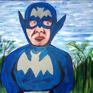 Painting by Chris Dale of a person dressed up in a baggy Batman costume that they made themselves.