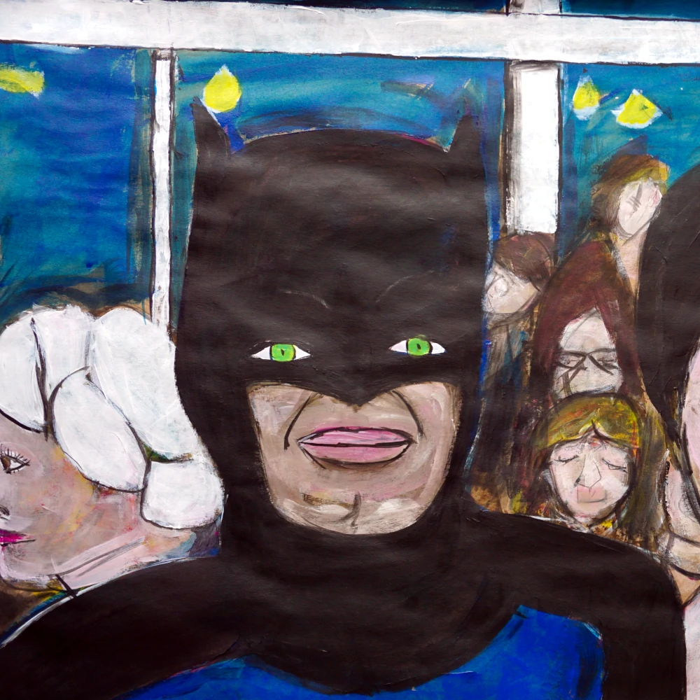 Painting by Chris Dale of Adam West as Batman in a crowd of people at the mall.