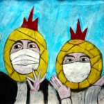 Painting by Chris Dale of two women wearing what appears to be chicken's tea cozy on their heads.