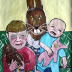 Painting by Chris Dale of two frightened children sitting on the lap of someone in a bunny head.