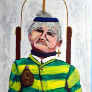 Painting by Chris Dale of man strapped into an electric chair, green and yellow horizontal stripes coat.