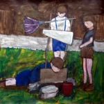 Painting by Chris Dale of group of children build your own guillotine, taking turns having their heads t cut off.