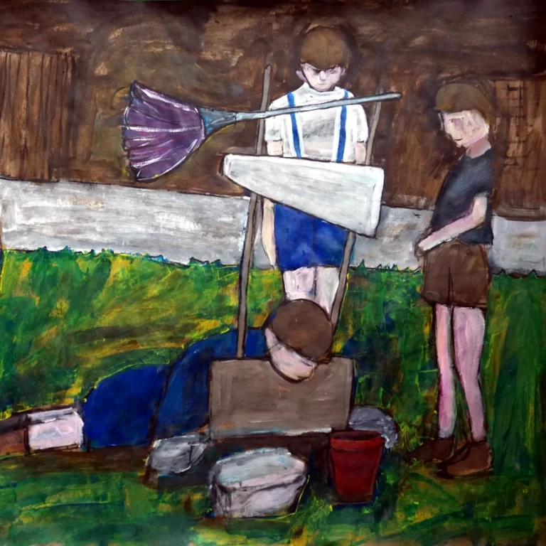 Painting by Chris Dale of group of children build your own guillotine, taking turns having their heads t cut off.