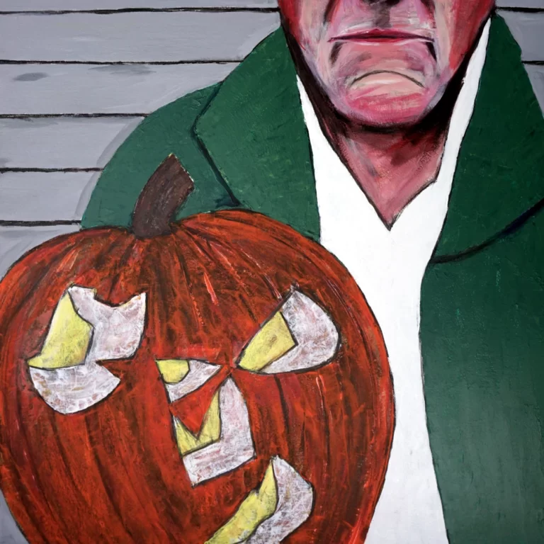 Painting by Chris Dale of William Burroughs hold a pumpkin he carved with his hatchet.