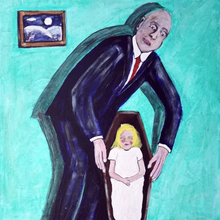 Painting by Chris Dale of a man leaning up against the wall, an upright open coffins containing a dead child for a photo.