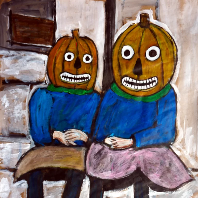 Portrait painting by Chris Dale of two children sitting on a wall with matching jackets and jack o'lantern heads.