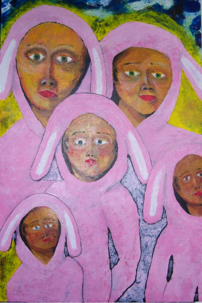 Painting by Chris Dale of five people of different sizes wearing pink bunny suits.