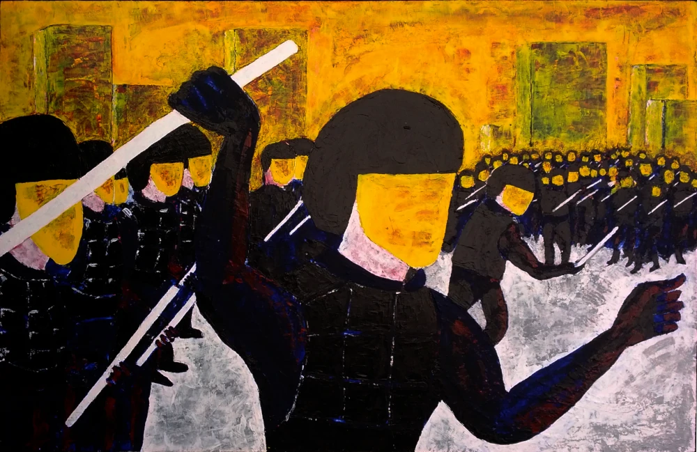 Portrait painting by Chris Dale of police crackdown on protesters wearing black uniform with matching helmets as the sunset bathing the crowd in a yellow glow.