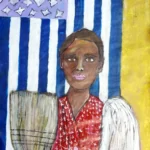 Portrait painting by Chris Dale of women wearing red smock between a moth and a broom in front of a flag vertically.
