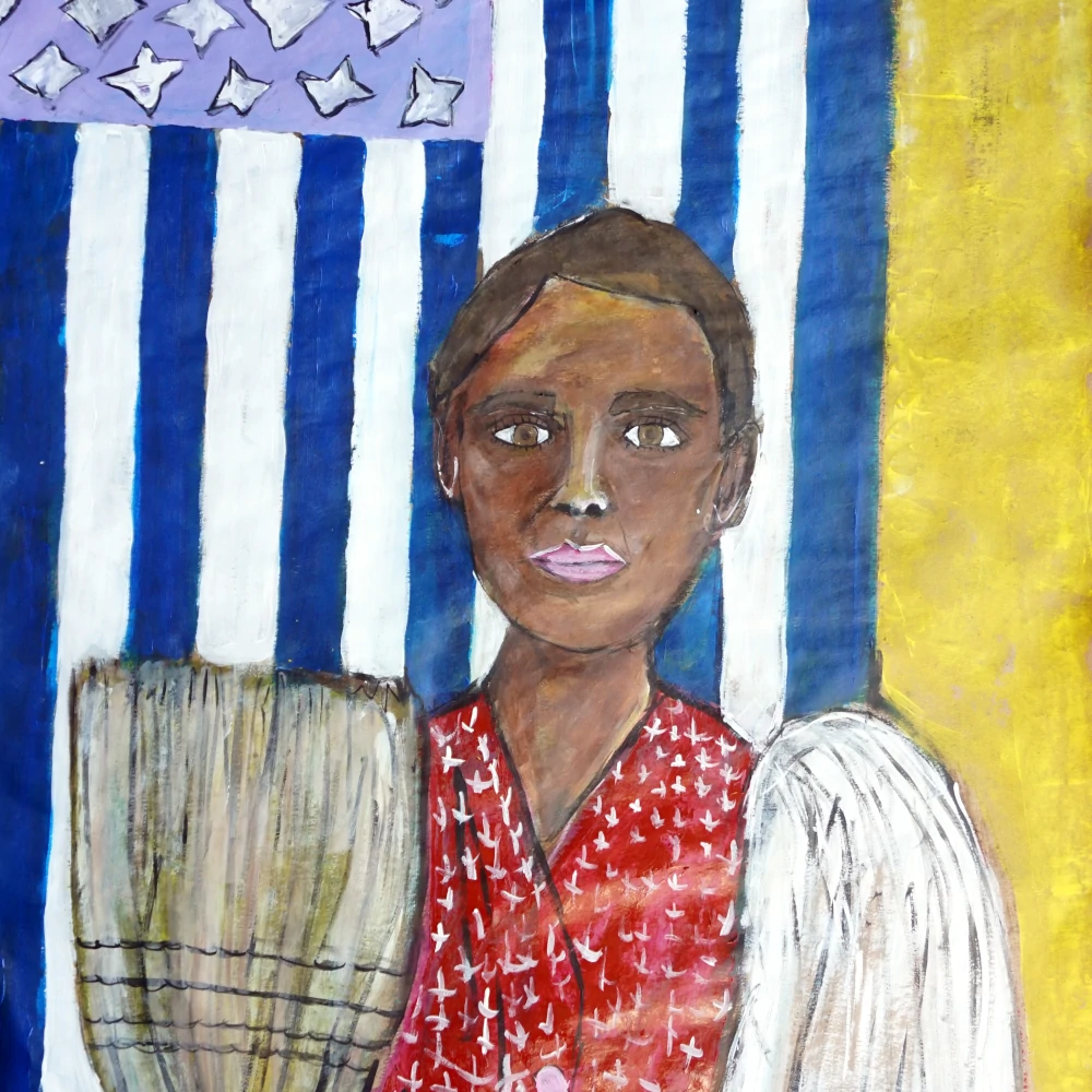 Portrait painting by Chris Dale of women wearing red smock between a moth and a broom in front of a flag vertically.
