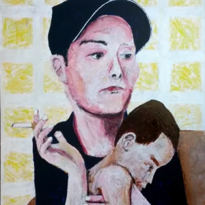 Portrait painting by Chris Dale of a woman sitting in a chair, child in lap smoking a cigarette, wearing a fast-food uniform.