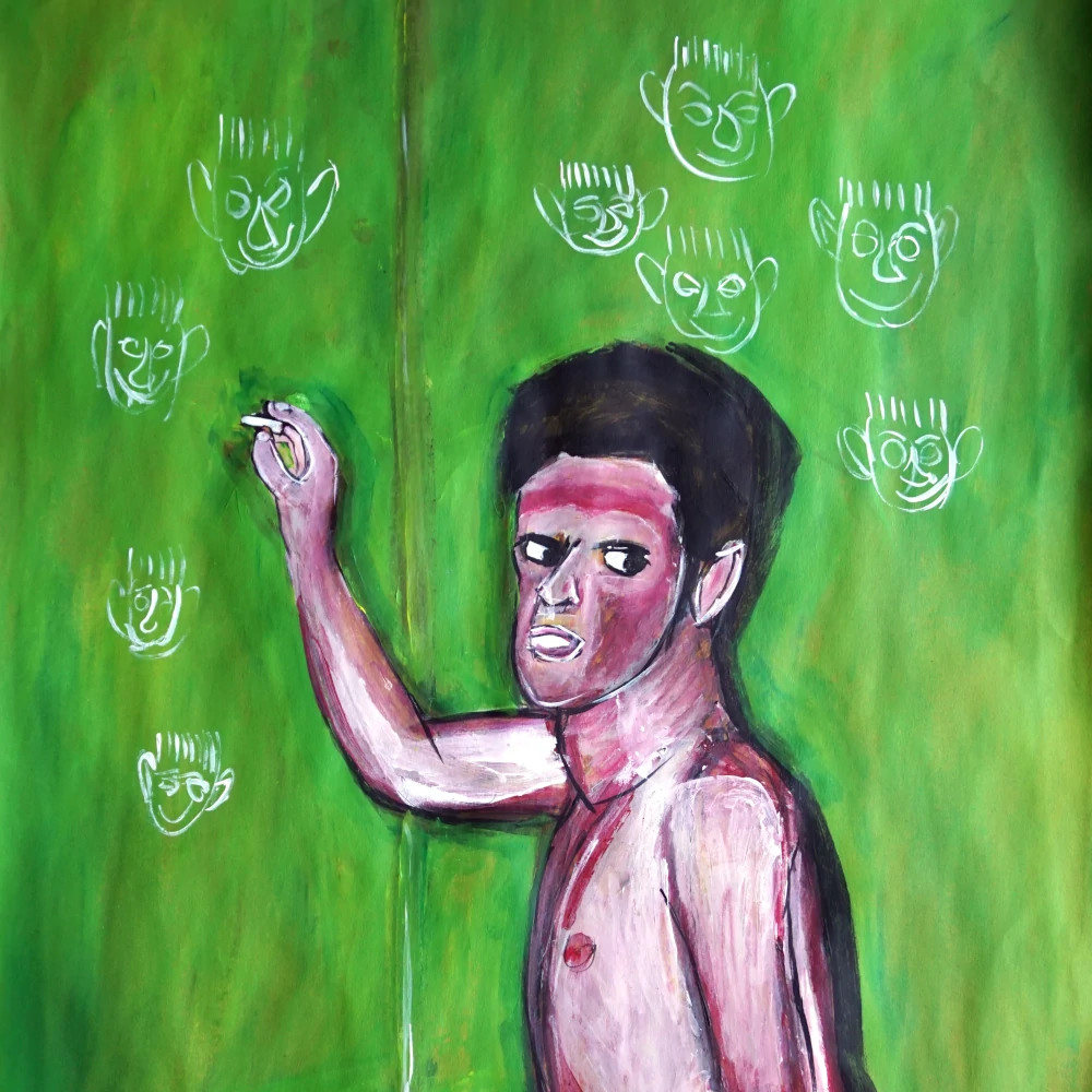 Portrait painting by Chris Dale of a man crazed look in his eyes sitting topless on a bed, drawing on the walls.