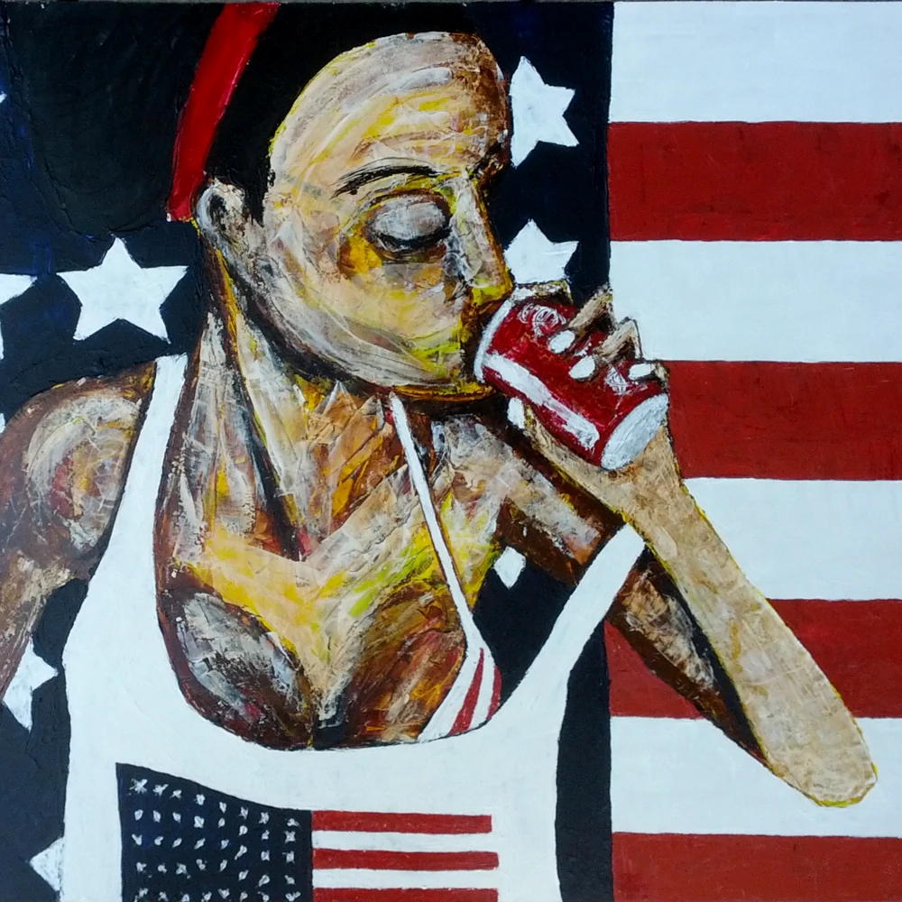 Portrait painting by Chris Dale of a woman in loose shirts with the American flag embossed on it over a bikini with the American flag in the background drinking a can of Coca-Cola.