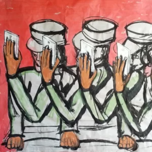 Portrait painting by Chris Dale of people wearing green Chinese uniforms, all holding the same cell phones.
