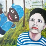 Portrait painting by Chris Dale of a white child hanging by its neck a black face doll or golliwog.