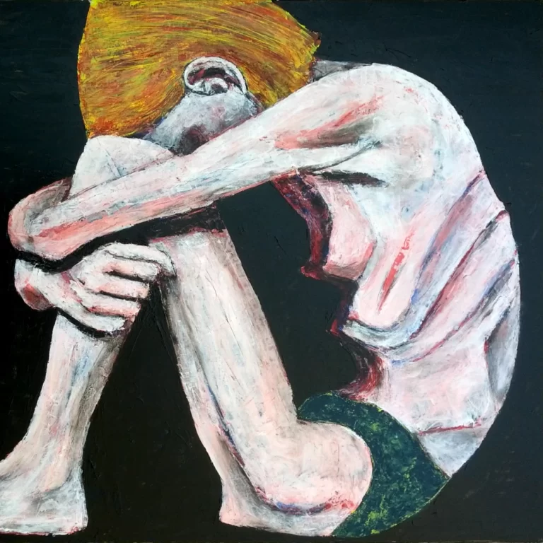 Portrait painting by Chris Dale of a woman suffering from anorexia, curled up face hidden in knees, arms wrapped around legs.