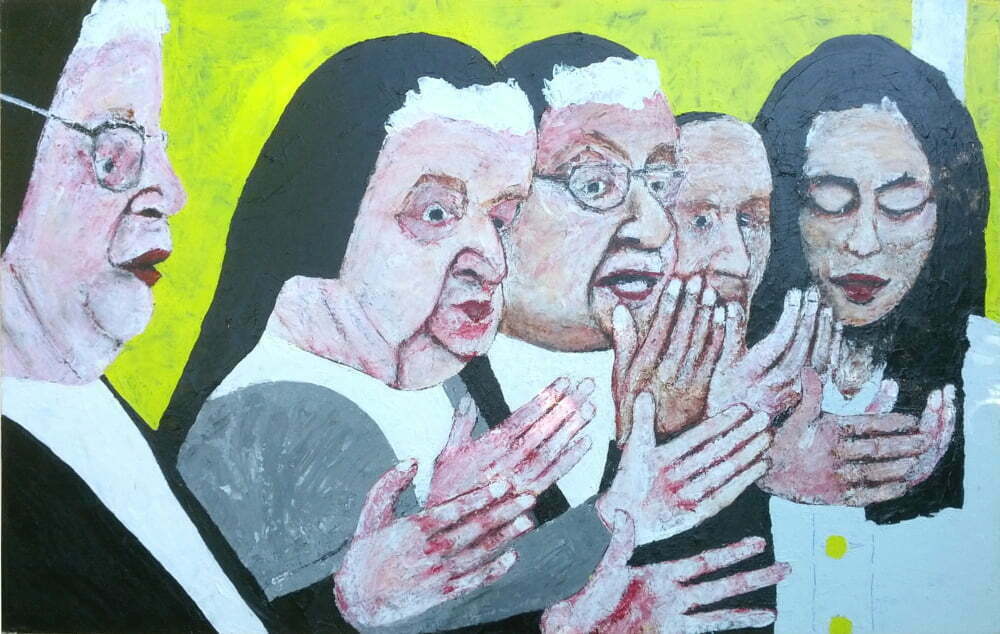 Portrait painting by Chris Dale of four nuns a novice pray, hands raised to the heavens.