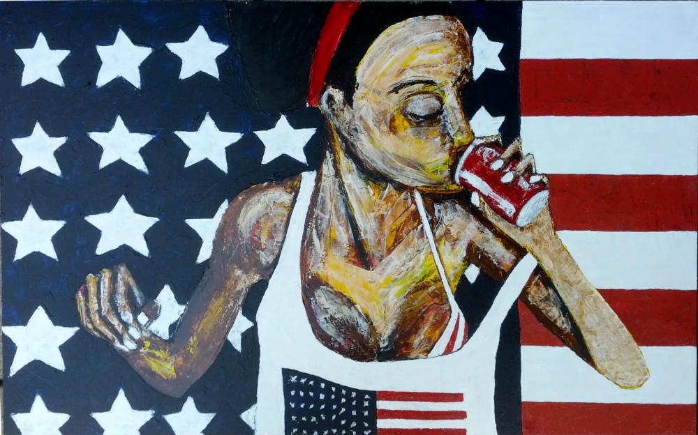 Portrait painting by Chris Dale of a woman in loose shirts with the American flag embossed on it over a bikini with the American flag in the background drinking a can of Coca-Cola. 