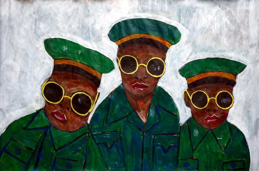Portrait painting by Chris Dale of three children dressed up as Generals, accentuated by gold-rimmed sunglasses matching the gold band of the caps.