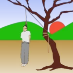 Drawing by artist Chris Dale of a man being hung from a tree.
