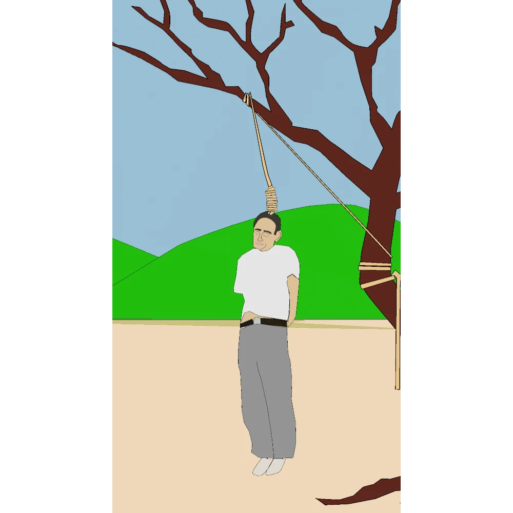 Drawing by artist Chris Dale of a man being hung from a tree.