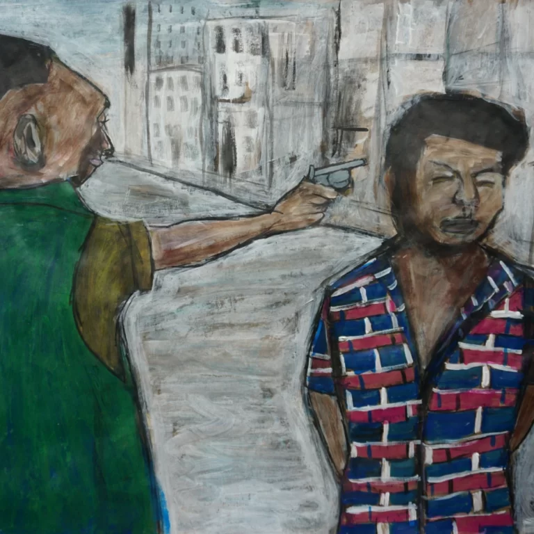 A painting by artist Chris Dale of a Viet Cong prisoner being shot by a General Nguyen Ngoc, based on a photograph by Eddie Adams.