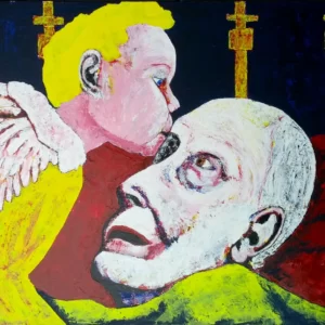 Painting by artist Chris Dale, of cherubim kissing old person on deathbed.