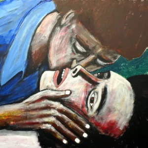 Painting by artist Chris Dale, someone is being kissed on the cheek by their lover.