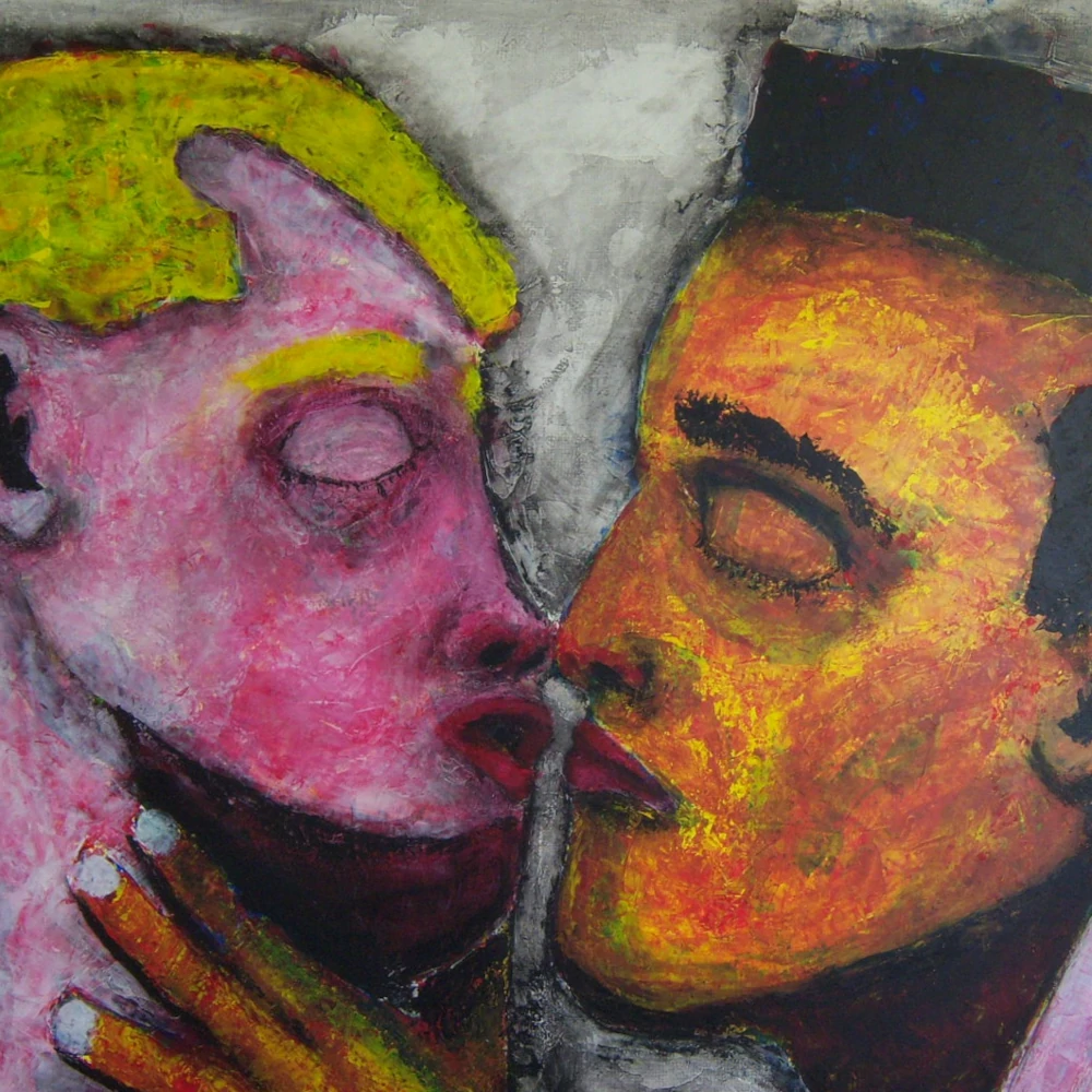 Painting by artist Chris Dale, of two people kissing hands on chest and head.