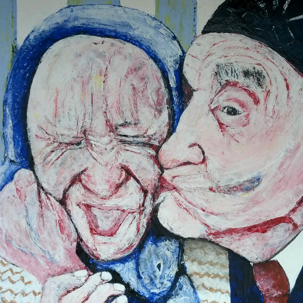 Painting by artist Chris Dale of an elderly couple of one kissing the other on the cheek.