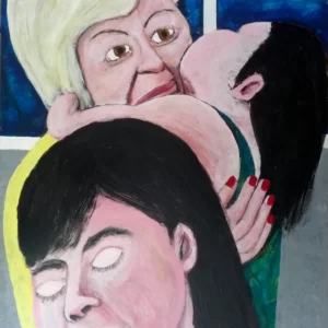 Painting by artist Chris Dale, of a child held in the arms of an older person kissing them on the cheek.