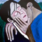 Painting by artist Chris Dale, of someone with hands on the cheek kissed the neck of their lover.