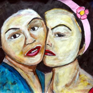 Painting by Chris Dale of two people faces tenderly pressing before or after many kisses.