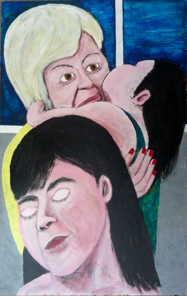 Painting by artist Chris Dale, of a child held in the arms of an older person kissing them on the cheek.
