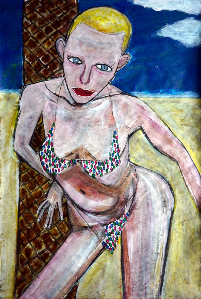 The bright Jewels Bikini close on her skin.