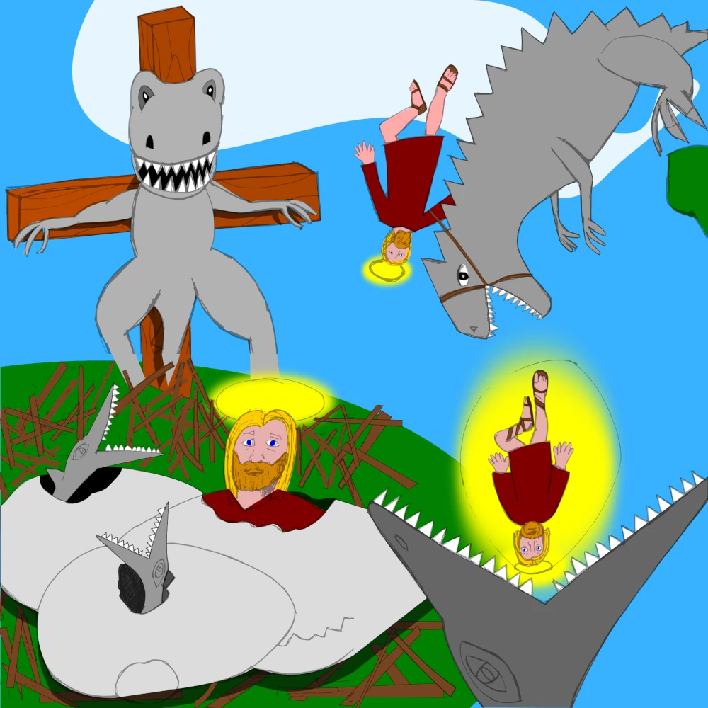 Dinosaur Crucifixion, not just the Jesus thing.