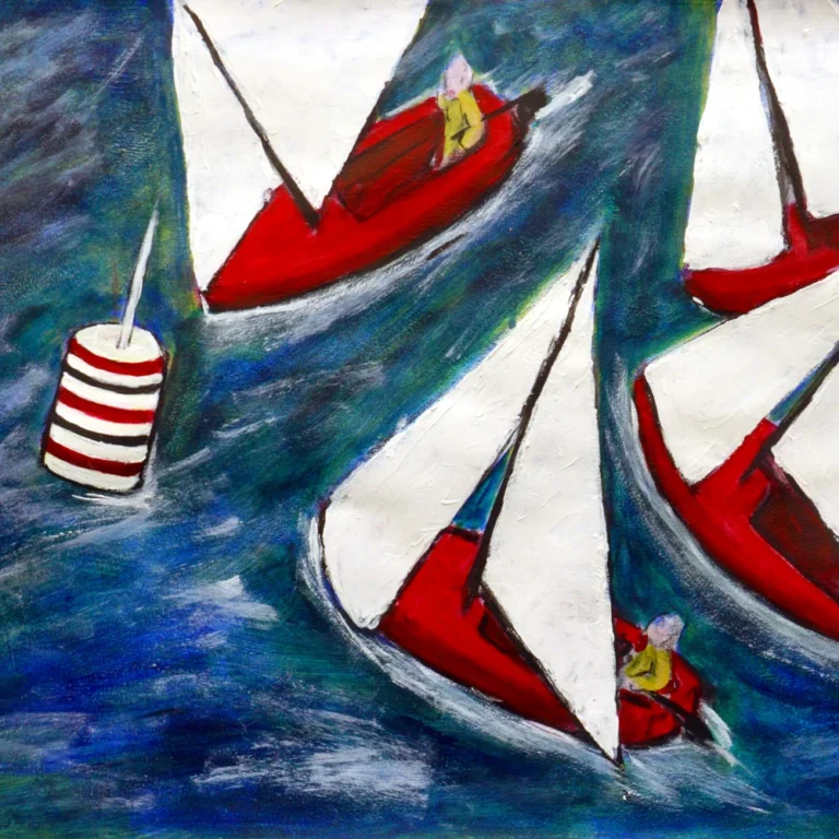 Fast red Boat Race around and around the blue pond.