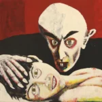 Dracula sharp teeth on throat the blood flows and her smile. 