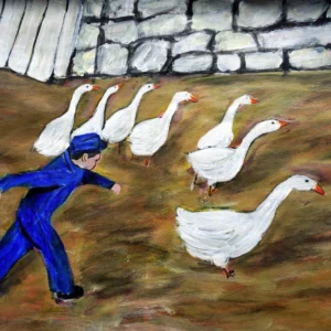 Geese do not respect the blue boy.